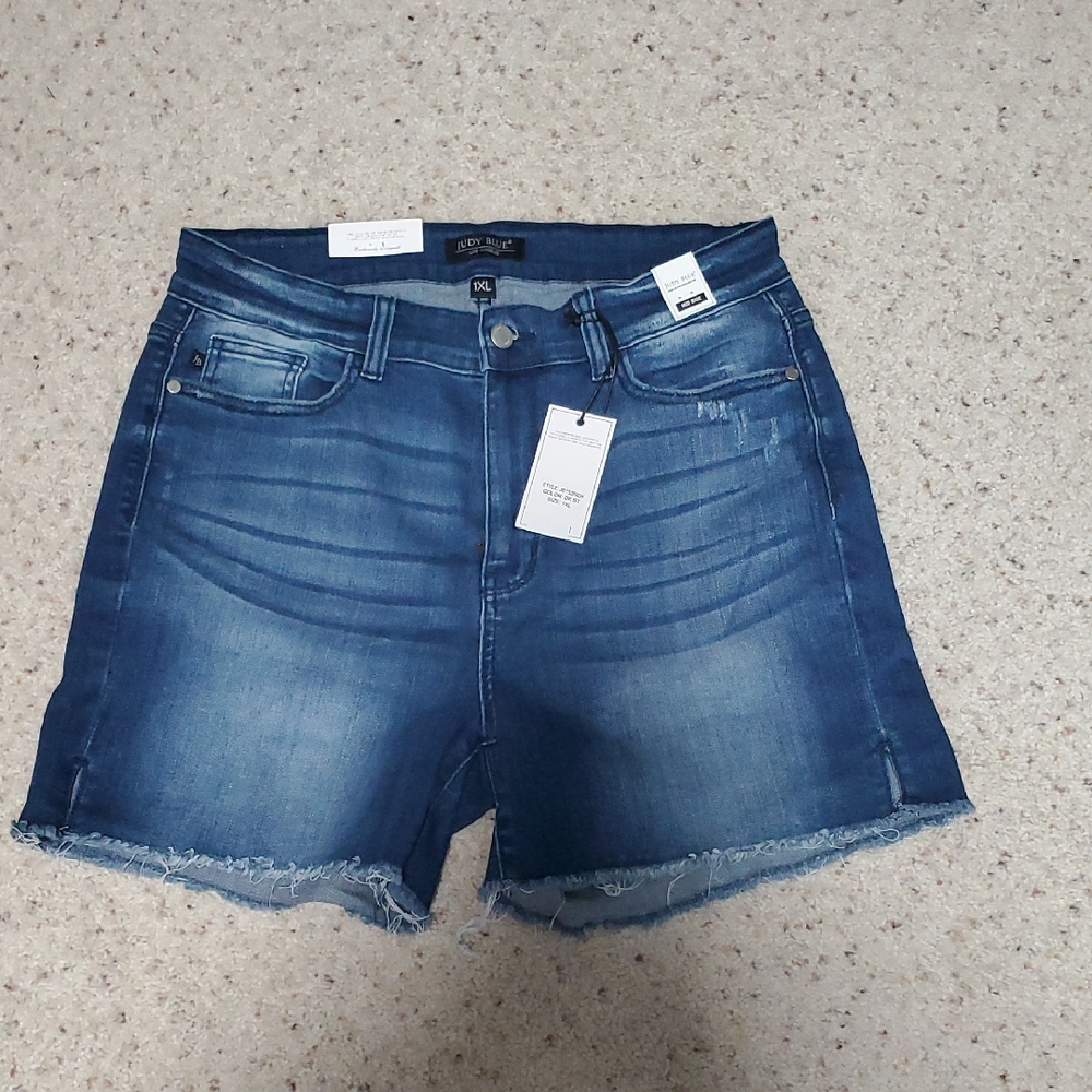 Judy Blue Distressed Mid-Blue Denim Cutoff Shorts